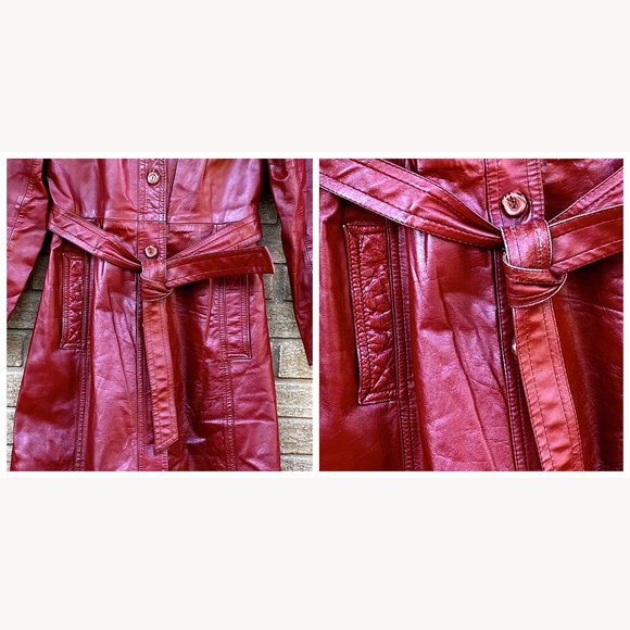 Vintage 70’s Long Leather Trench Coat Penny Lane Oxblood Belted Maxi Boho Jacket - Picture 5 of 17